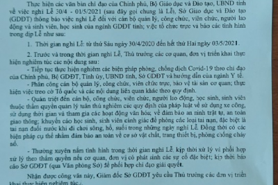 CÔNG VĂN NGHỈ LỄ 30/4 VÀ 01/5 NĂM 2021 CỦA SỞ GIÁO DỤC VÀ ĐÀO TẠO ĐẮK LẮK
